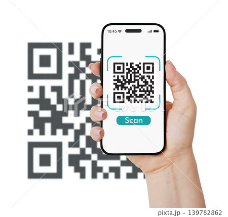 Woman Holding Smartphone with QR Code on Screen and Blurred QR Code Background 139782862