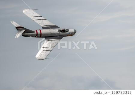 Cherry Point, North Carolina - May 9 2026: MiG-17 fighter jet performs aerobatic airshow pass Cherry Point, North Carolina - May 9 2026: MiG-17 fighter jet performs aerobatic airshow pass 139783313