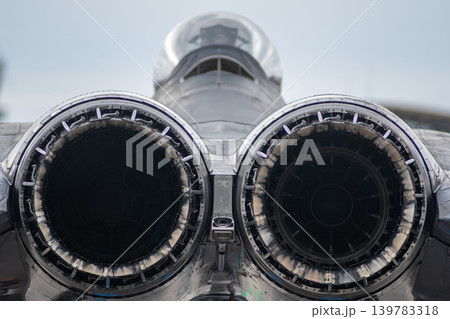 Cherry Point, North Carolina - May 9 2026: Twin jet exhaust nozzles on military aircraft display Cherry Point, North Carolina - May 9 2026: Twin jet exhaust nozzles on military aircraft display 139783318