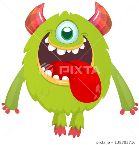 Cartoon scary monster with one  eye and tongue out waving hands . Vector illustration isolated on white. For Halloween party decoration or package design 139783716