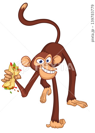 Cartoon funny monkey chimpanzee holding burger, falafel or kebab in his hands. Vector illustration of happy monkey character design isolated. 139783779