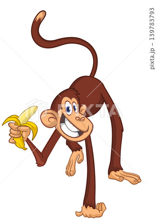 Cartoon funny brown monkey chimpanzee holding banana. Vector illustration isolated on white Cartoon funny brown monkey chimpanzee holding banana. Vector illustration isolated on white 139783793
