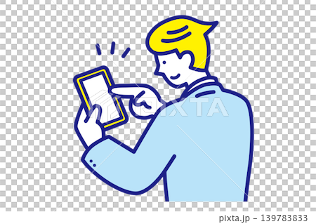 一位年輕商人觸摸智慧型手機螢幕的向量插圖。 139783833