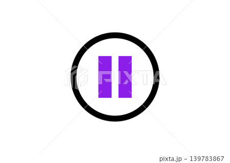 Minimal purple pause icon centered in a bold black circle, conveying media control, interruption, or a temporary stop for apps, websites, and user interface designs. 139783867