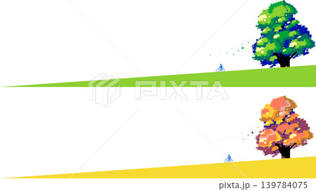 坂道を自転車で走る人と大きな木のベクターイラスト背景（新緑・紅葉の2バージョンセット） 139784075