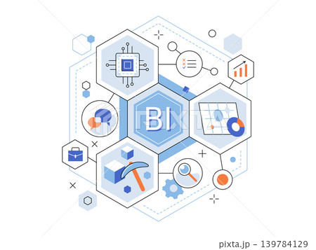 Business intelligence concept with hexagonal icons vector illustration. Data mining, analytics, strategic planning, market research, information processing, corporate growth. BI data graphic 139784129