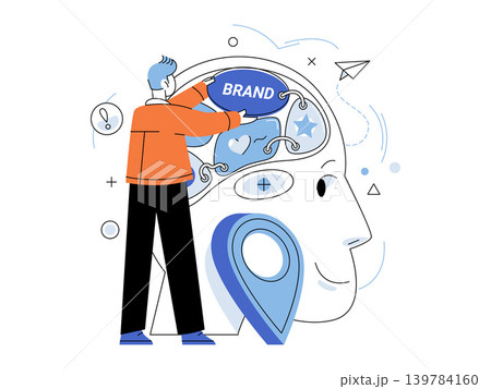 Man placing a brand tag into a human head profile vector illustration. Brand awareness, marketing strategy, consumer psychology, identity, advertising, growth. Person inserting label into mind Man placing a brand tag into a human head profile vector illustration. Brand awareness, marketing strategy, consumer psychology, identity, advertising, growth. Person inserting label into mind 139784160
