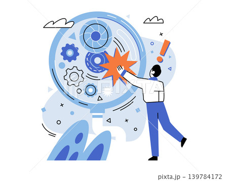 Man fixing gears in a magnifying glass vector illustration. Problem solving, technical support, business optimization, system maintenance, research, innovation. Person repairing cogs in a lens Man fixing gears in a magnifying glass vector illustration. Problem solving, technical support, business optimization, system maintenance, research, innovation. Person repairing cogs in a lens 139784172