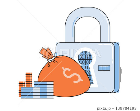 Padlock with binary code next to a money bag vector illustration. Cyber security, financial protection, banking safety, digital wealth, data privacy, investment. Lock beside a cash sack Padlock with binary code next to a money bag vector illustration. Cyber security, financial protection, banking safety, digital wealth, data privacy, investment. Lock beside a cash sack 139784195