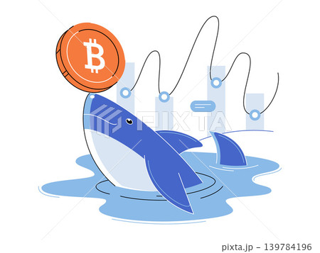 Shark balancing a bitcoin coin on its nose vector illustration. Crypto whale, market manipulation, digital investment, financial growth, trading, blockchain. Marine predator with cryptocurrency 139784196