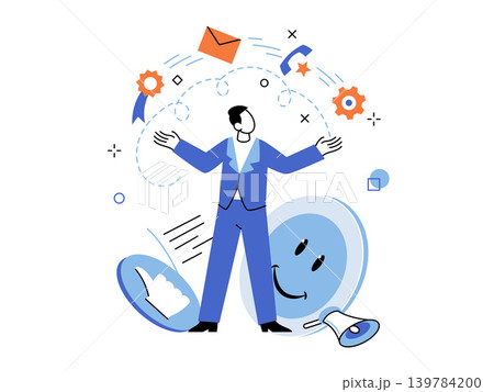 Businessman juggling work icons vector illustration. Multitasking, project management, digital marketing, customer feedback, workflow, social media. Professional manager balancing tasks Businessman juggling work icons vector illustration. Multitasking, project management, digital marketing, customer feedback, workflow, social media. Professional manager balancing tasks 139784200