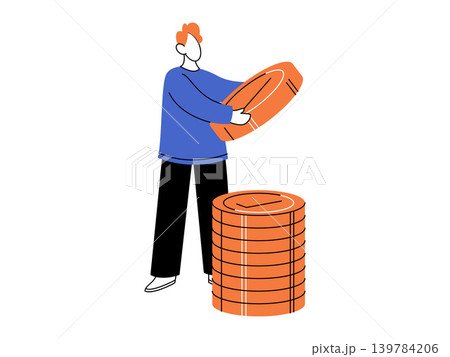 Man holding a large coin over a stack of money vector illustration. Financial planning, investment growth, banking, wealth management, budget, economy. Male character placing currency on a pile 139784206