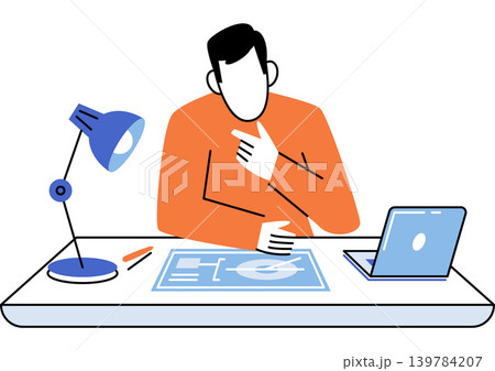 Man at desk studying blueprint vector illustration. Architecture planning, engineering project, remote work, creative design, education, office workflow. Professional analyzing technical drawing Man at desk studying blueprint vector illustration. Architecture planning, engineering project, remote work, creative design, education, office workflow. Professional analyzing technical drawing 139784207