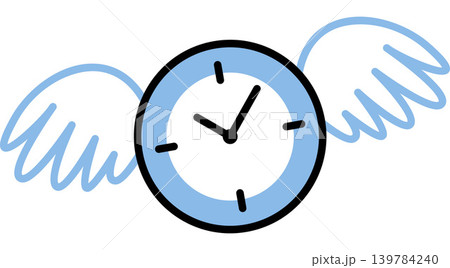 Blue analog clock with wings flying through the air vector illustration. Time management, deadline pressure, fast speed, productivity, freedom, scheduling. Flying timepiece with feathers 139784240