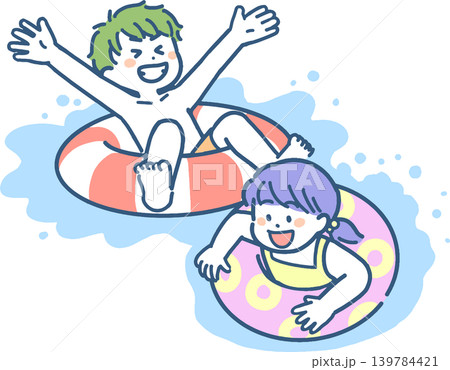 浮き輪に浮かんで遊ぶ男の子と女の子の子供たち 139784421
