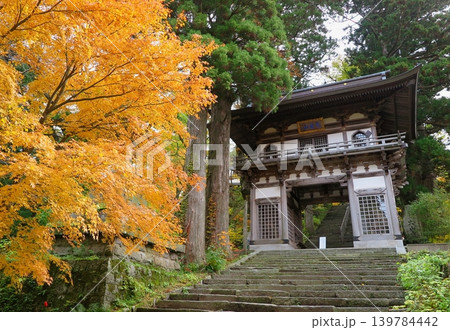 秋のモミジに彩られた大山寺(鳥取県):参道の石段に建つ山門(仁王門) 秋のモミジに彩られた大山寺(鳥取県):参道の石段に建つ山門(仁王門) 139784442