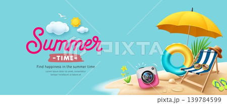 Summer time island beach, Beach chair, Polaroid camera, Beach float, banner design 139784599