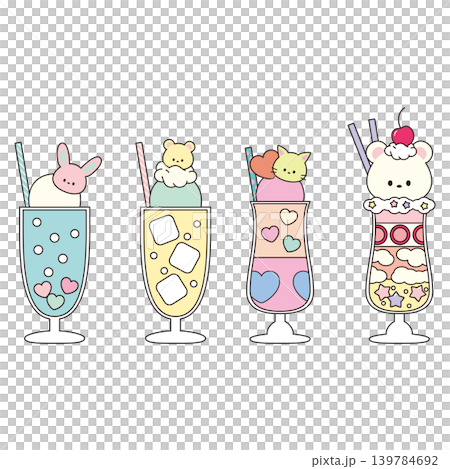A set of illustrations of parfaits and sodas with animal motifs. A set of illustrations of parfaits and sodas with animal motifs. 139784692