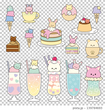 A set of illustrations of animal-themed sweets and confectionery. A set of illustrations of animal-themed sweets and confectionery. 139784693