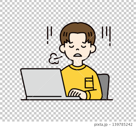 Vector illustration of the upper body of a young man (university student/high school student) sitting in front of a computer and sighing. Vector illustration of the upper body of a young man (university student/high school student) sitting in front of a computer and sighing. 139785242