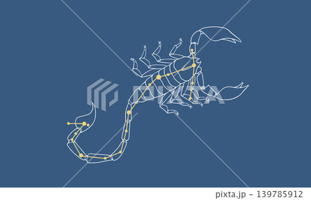 ネイビー色の背景に浮かぶさそり座のイラスト（白線のサソリの絵とゴールド色の星座線） 139785912