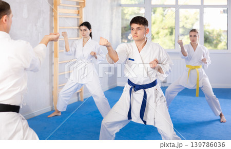 Group of people training karate technique 139786036