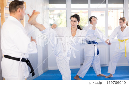 arate trainer helps woman learn how to kick during karate training arate trainer helps woman learn how to kick during karate training 139786040
