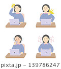 仕事中の更年期症状に悩む女性のイラスト（関節痛、頭痛、イライラ、ほてり） 139786247
