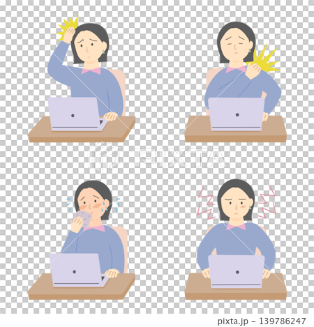插圖描繪了一位女性在工作中遭受更年期症狀（關節疼痛、頭痛、易怒、潮熱）的情景。 139786247