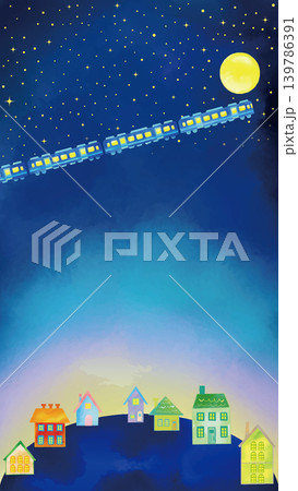 水彩風 かわいい星空と満月と空飛ぶ電車と家々のほのぼの夜景(9:16)縦 139786391