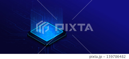 Futuristic isometric microchip vector illustration with binary code and copy space. 139786482