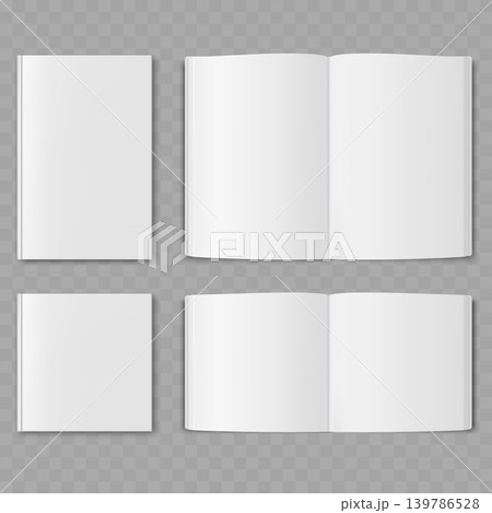 Realistic Blank Magazine Mockup Set. Vector Top View Open and Closed Brochure or Catalog Templates. Realistic Blank Magazine Mockup Set. Vector Top View Open and Closed Brochure or Catalog Templates. 139786528