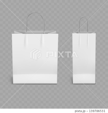 Realistic White Paper Shopping Bag Mockup Set. Vector Blank Horizontal Retail Packaging Templates with Handles. Realistic White Paper Shopping Bag Mockup Set. Vector Blank Horizontal Retail Packaging Templates with Handles. 139786531