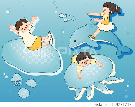 海の生き物と遊ぶ子どもたちのイラストセット（ポップカラー） 139786718