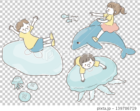 一組描繪兒童與海洋生物玩耍的插圖。 一組描繪兒童與海洋生物玩耍的插圖。 139786719