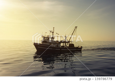 Fishing boat at sunrise in the open sea. Trawler. Fishing and Sightseeing Boat Trips. Fishing boat at sunrise in the open sea. Trawler. Fishing and Sightseeing Boat Trips. 139786779