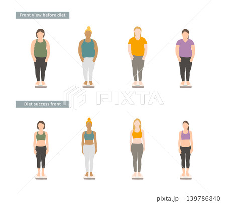 女性のダイエット前後の体型比較イラスト 正面セット 女性のダイエット前後の体型比較イラスト 正面セット 139786840