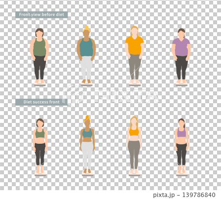 女性のダイエット前後の体型比較イラスト 正面セット 女性のダイエット前後の体型比較イラスト 正面セット 139786840