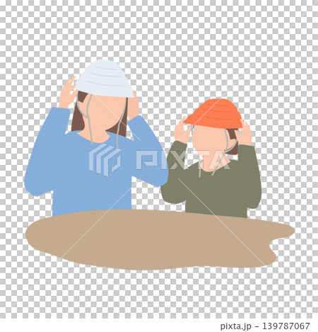 An illustration of a parent and child wearing disaster prevention helmets as part of disaster prevention education. An illustration of a parent and child wearing disaster prevention helmets as part of disaster prevention education. 139787067