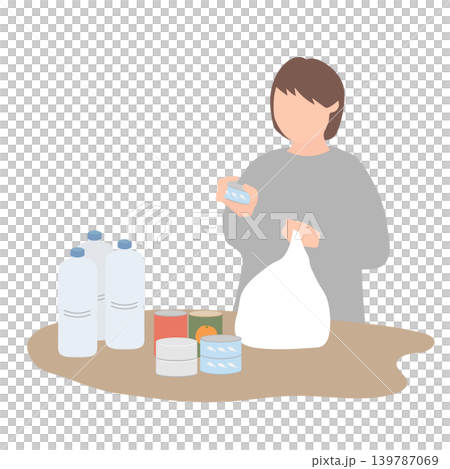 插圖描繪了一名婦女檢查緊急食品儲備,這是她災難準備工作的一部分。 插圖描繪了一名婦女檢查緊急食品儲備,這是她災難準備工作的一部分。 139787069