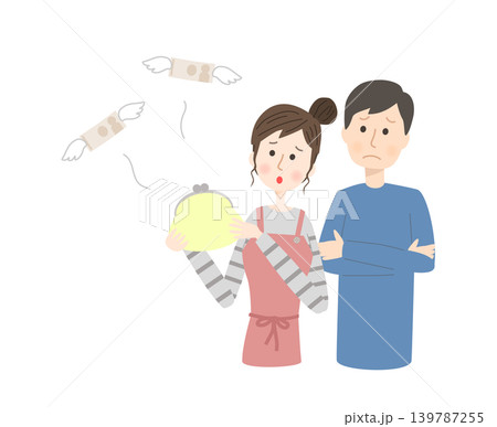 財布からお金が飛んでいくのを不安そうに見る夫婦 財布からお金が飛んでいくのを不安そうに見る夫婦 139787255