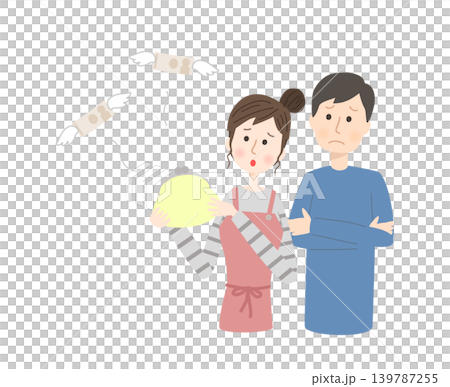 財布からお金が飛んでいくのを不安そうに見る夫婦 財布からお金が飛んでいくのを不安そうに見る夫婦 139787255