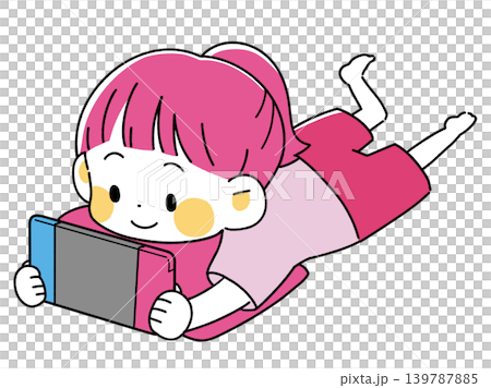 An illustration of a girl playing a game while lying down. 139787885