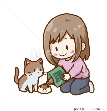 猫にエサをあげる女性・ペットの食事のイラスト 猫にエサをあげる女性・ペットの食事のイラスト 139788262
