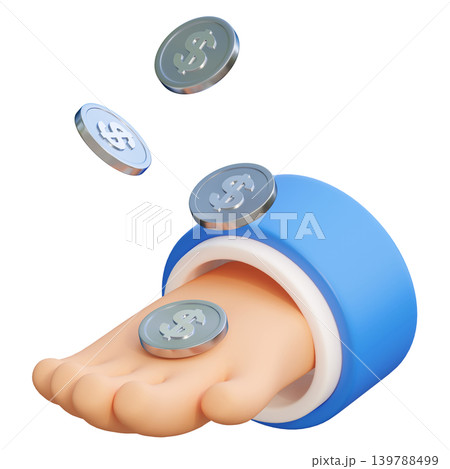 3D illustration of falling silver dollar coins onto an open hand isolated on white background 3D illustration of falling silver dollar coins onto an open hand isolated on white background 139788499