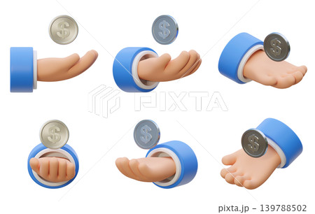 3D illustration set of hands with floating silver dollar coins isolated on white background 139788502