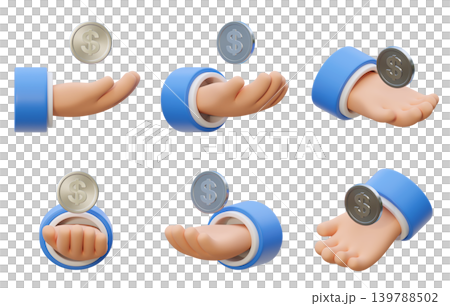 3D illustration set of hands with floating silver dollar coins isolated on white background 139788502