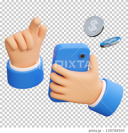 3D illustration of a hand holding a smartphone from back view with floating silver dollar coins 139788505