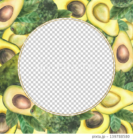 Avocado whole and sliced with green leaves and golden circle frame. Hand painted watercolor tropical fruit isolated from background illustration for packaging, branding, food menu and label design. Avocado whole and sliced with green leaves and golden circle frame. Hand painted watercolor tropical fruit isolated from background illustration for packaging, branding, food menu and label design. 139788580