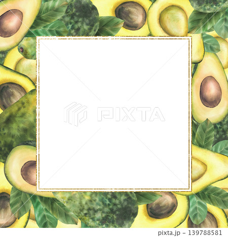 Whole and sliced avocado fruit with green leaves and golden square border. Hand painted watercolor frame isolated from background illustration for packaging, branding, food menu and label design. 139788581